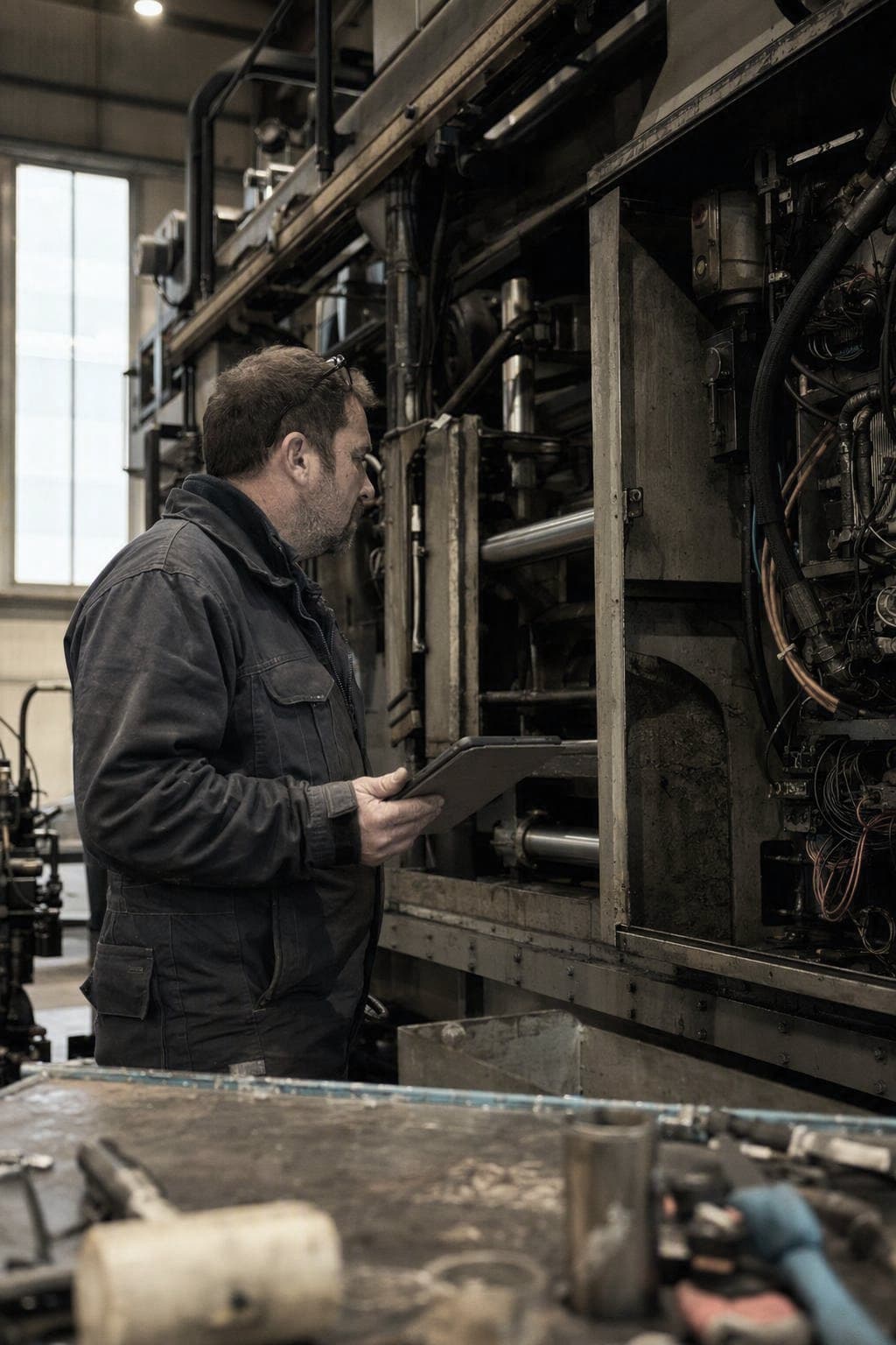 Servicetechniker mit Tablet vor einer geöffneten Produktionsanlage in einer Werkhalle